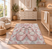 Pointe shoes harlequin rug in a nursery beside a crib and dresser