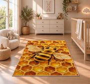 Honeybee Honeycomb Rug in a nursery beside a crib and dresser