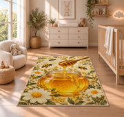 Honey Jar and Dipper Rug in a nursery beside a crib and dresser