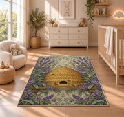 Vintage Straw Beehive Rug in a nursery beside a crib and dresser