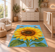 Sunflower and Bees Rug in a nursery beside a crib and dresser
