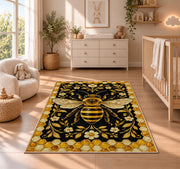 Golden Bee Honeycomb Border Rug in a nursery beside a crib and dresser