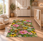 Bees in Wildflower Garden Rug in a nursery beside a crib and dresser