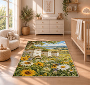 Vintage Bee Farm Rug in a nursery beside a crib and dresser