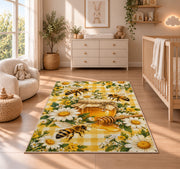 Gingham Honey Jar Bee Rug in a nursery beside a crib and dresser