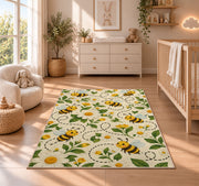Happy Bees Flight Path Rug in a nursery beside a crib and dresser