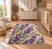Lavender and Bees Rug in a nursery beside a crib and dresser