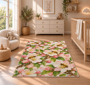 Apple Blossom Bees Rug in a nursery beside a crib and dresser