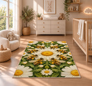 Bee Ring Daisy Medallion Rug in a nursery beside a crib and dresser