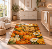 Autumn Beehive Pumpkin Rug in a nursery beside a crib and dresser