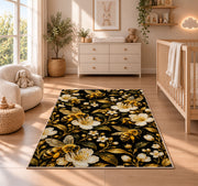 Golden Bees on Black Rug in a nursery beside a crib and dresser