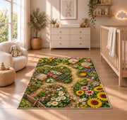 Bee Garden Top View Rug in a nursery beside a crib and dresser