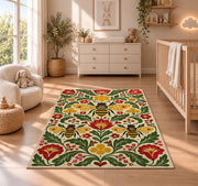Scandinavian Folk Art Bee Rug in a nursery beside a crib and dresser