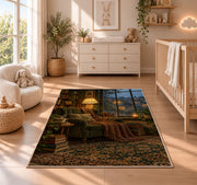 Rainy Day Reading Nook rug in a nursery beside a crib and dresser