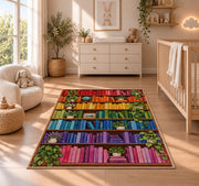 Rainbow Bookshelf rug in a nursery beside a crib and dresser