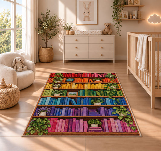 Rainbow Bookshelf rug in a nursery beside a crib and dresser