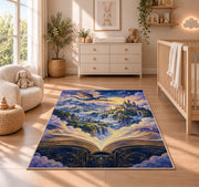 Fantasy World from a Book rug in a nursery beside a crib and dresser
