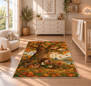Girl Reading Under Autumn Tree rug in a nursery beside a crib and dresser