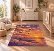 Books Flying at Sunset rug in a nursery beside a crib and dresser