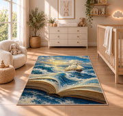Book Pages Become the Sea rug in a nursery beside a crib and dresser