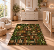 Ivy Covered Bookshelf rug in a nursery beside a crib and dresser