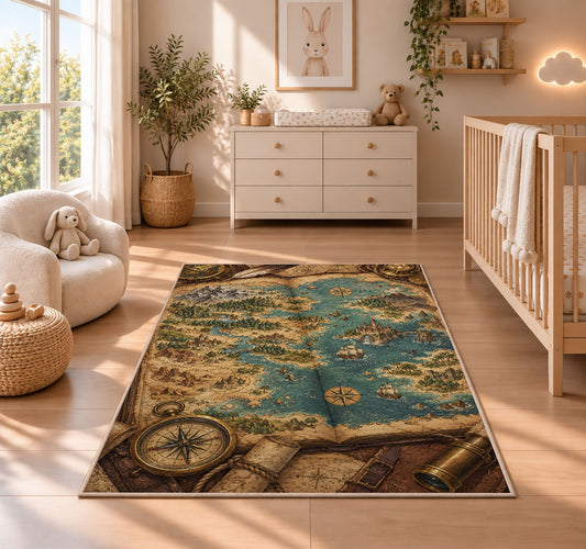 Fantasy Map in a Book rug in a nursery beside a crib and dresser