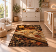 Reading Glasses and Candlelight rug in a nursery beside a crib and dresser