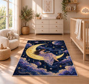 Reading on the Moon rug in a nursery beside a crib and dresser