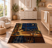 Starry Night Study Desk rug in a nursery beside a crib and dresser