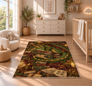 Dragon Guarding Books rug in a nursery beside a crib and dresser