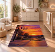 Driveway Hoop at Sunset rug in a nursery beside a crib and dresser