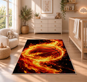 Basketball on Fire rug in a nursery beside a crib and dresser