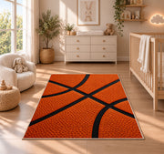 Basketball Texture Close-Up rug in a nursery beside a crib and dresser