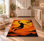 Slam Dunk Sunset Silhouette rug in a nursery beside a crib and dresser