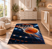 Swish Arena Lights rug in a nursery beside a crib and dresser