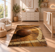 Vintage Leather Basketball rug in a nursery beside a crib and dresser
