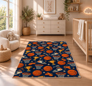Basketball Icons Pattern rug in a nursery beside a crib and dresser