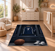 Locker Room Jersey Number 7 rug in a nursery beside a crib and dresser