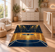 Arena Spotlight Court rug in a nursery beside a crib and dresser