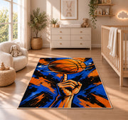 Spinning Ball on Finger rug in a nursery beside a crib and dresser