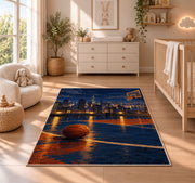 Rooftop Court City Night rug in a nursery beside a crib and dresser