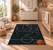 Chalkboard Basketball Play rug in a nursery beside a crib and dresser