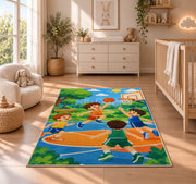 Kids Playing Basketball rug in a nursery beside a crib and dresser