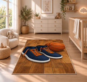 High-Top Sneakers and Ball rug in a nursery beside a crib and dresser