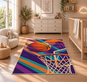 Retro 80s Hoops Poster rug in a nursery beside a crib and dresser