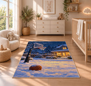 Snowy Backyard Hoop rug in a nursery beside a crib and dresser