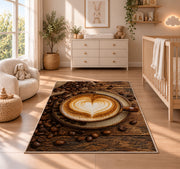 Latte Art Heart Cappuccino rug in a nursery beside a crib and dresser