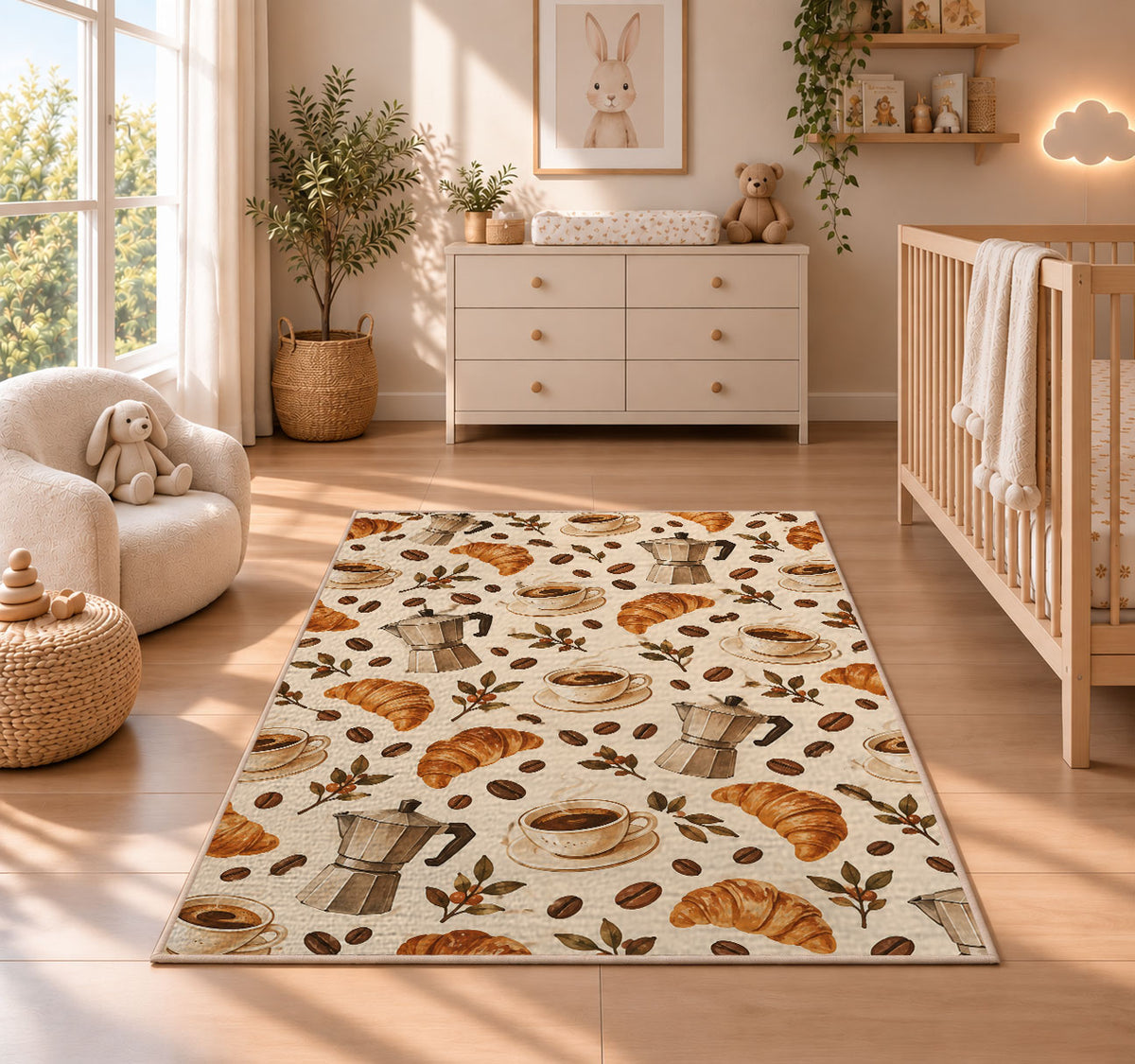 Coffee Shop Pattern rug in a nursery beside a crib and dresser