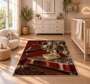 Vintage Espresso Machine rug in a nursery beside a crib and dresser