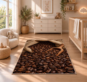 Burlap Sack of Coffee Beans rug in a nursery beside a crib and dresser